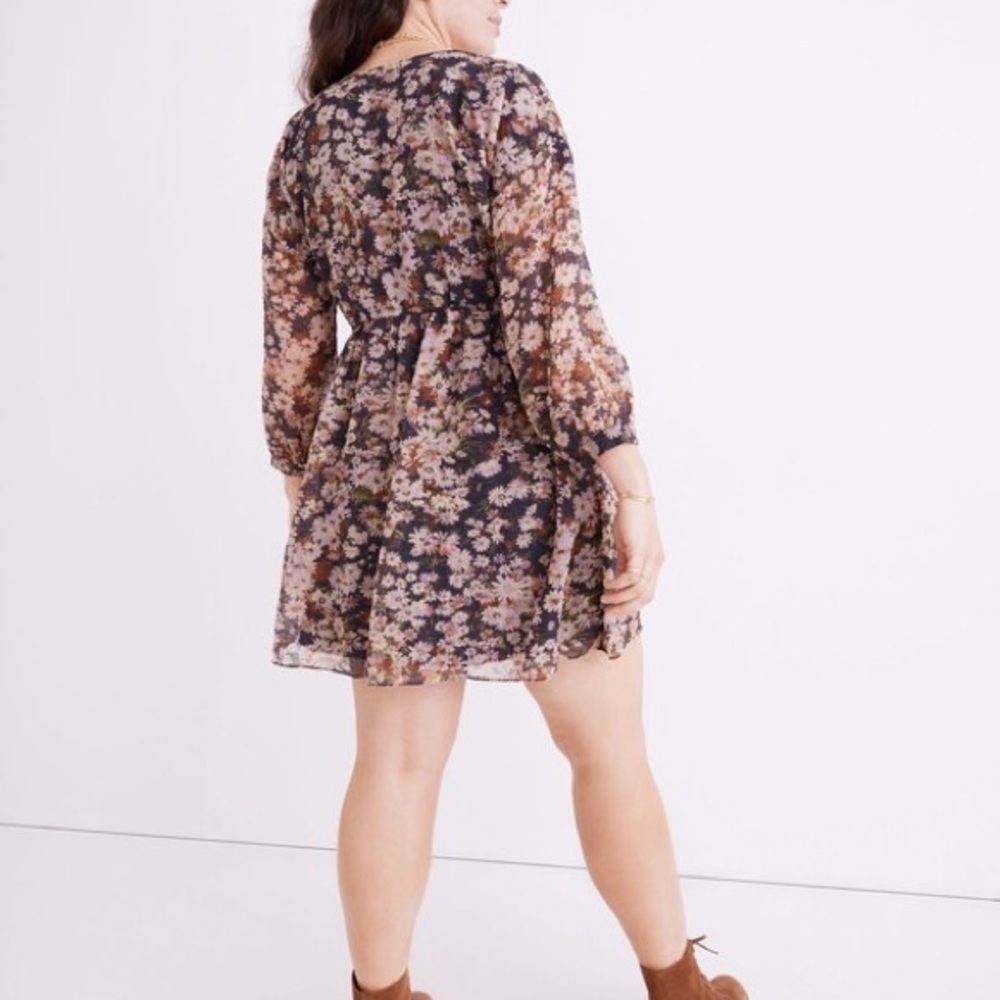 Madewell garden Floral Faux Wrap Mini Dress Large Daisy Long Sleeve Drawstring - Picture 6 of 10